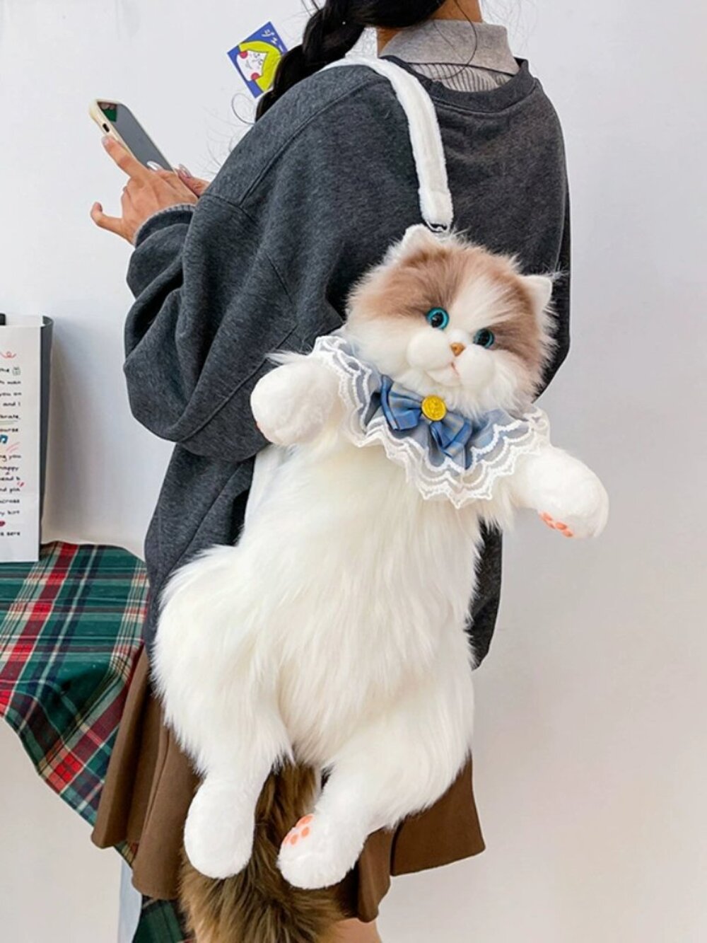 Realistic Plush Cat Backpack with Blue Plaid Scarf | Cute Faux Fur Kitty Bag